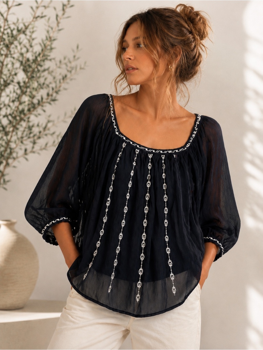 Lucky Brand Navy Sheer Boho Embroidered Top Lightweight and Flowy XS/S